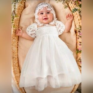 White Lace Baby Dress with Bonnet, Baptism outfit for baby girl, 1-3 months